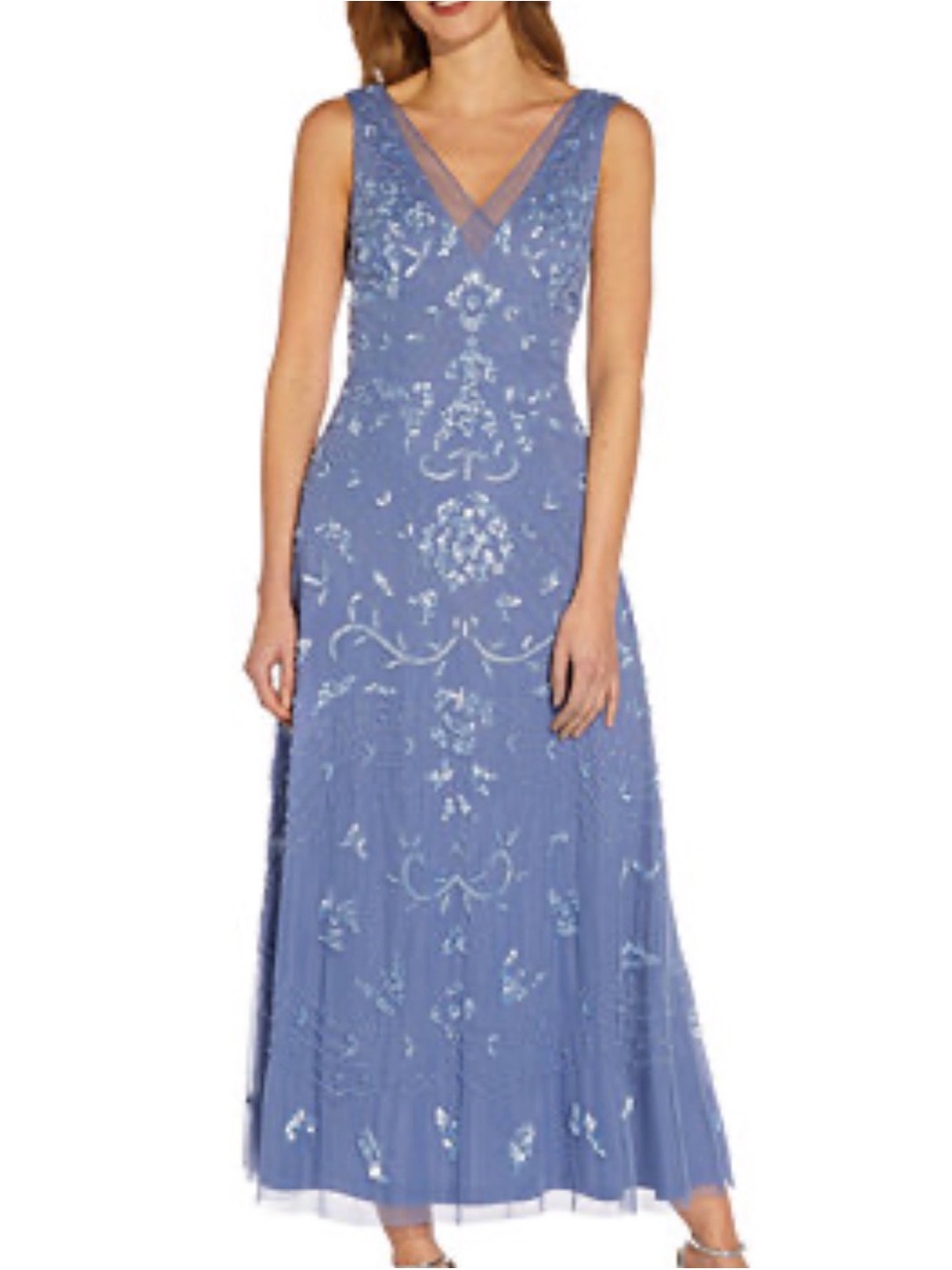 Sleeveless V-Neck Embellished Lavender Blue Evening Dress